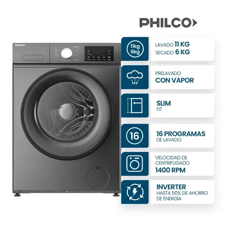 Lavasecarropas Philco 11/6 Kg Carga Frontal Inverter Gris