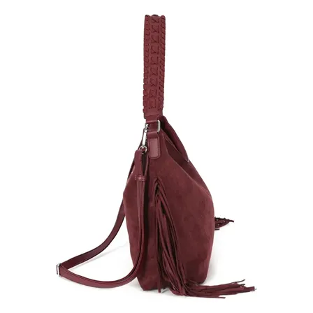 Bolsa Hobo Média BS78798UP de Ombro em Camurça com Franja da Up4you Vinho