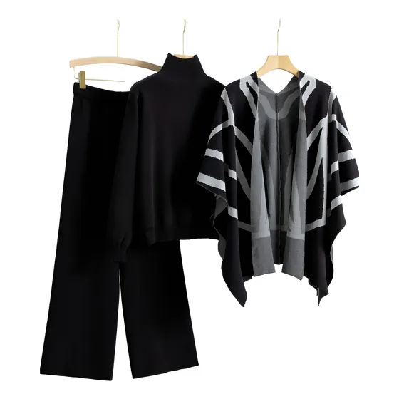 Conjunto Tejido Dama 3 Piezas Ruana Pantalón Buzo 33sp-009 Negro Unico