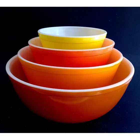 Juego Cuatro Bowl Vidrio Pyrex Años 50/60 Amarillo Y Naranja
