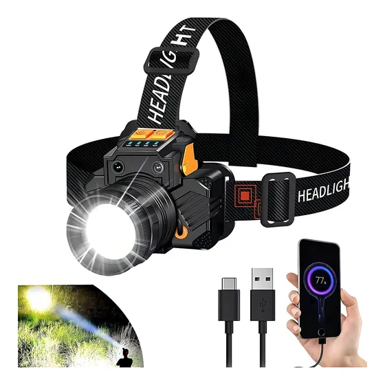 Lámpara Minero Con Sensor de inducción Linterna LED Campamento Xvakiemu Luces Cabeza Iluminación Portátil Recargable Usb Faros Caza Con Zoom Luz Cacería Potente Color Negro