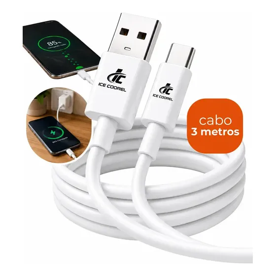 Cabo Usb Carregador Celular 3 Metros Compatível iPhone 15 16 17 Samsung Android Xiaomi Motorola Poco Controle Xbox Ps5 Usb C Turbo Rápido 60w Longo Blindado Resistente Notebook Ice Coorel