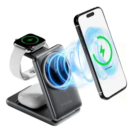 Carregador Sem Fio 3 em 1 com Certificação Qi2 e 22.5W, Suporte de Mesa para iPhone17/16/15/14/13/12/11, Apple Watch e AirPods (Preto)