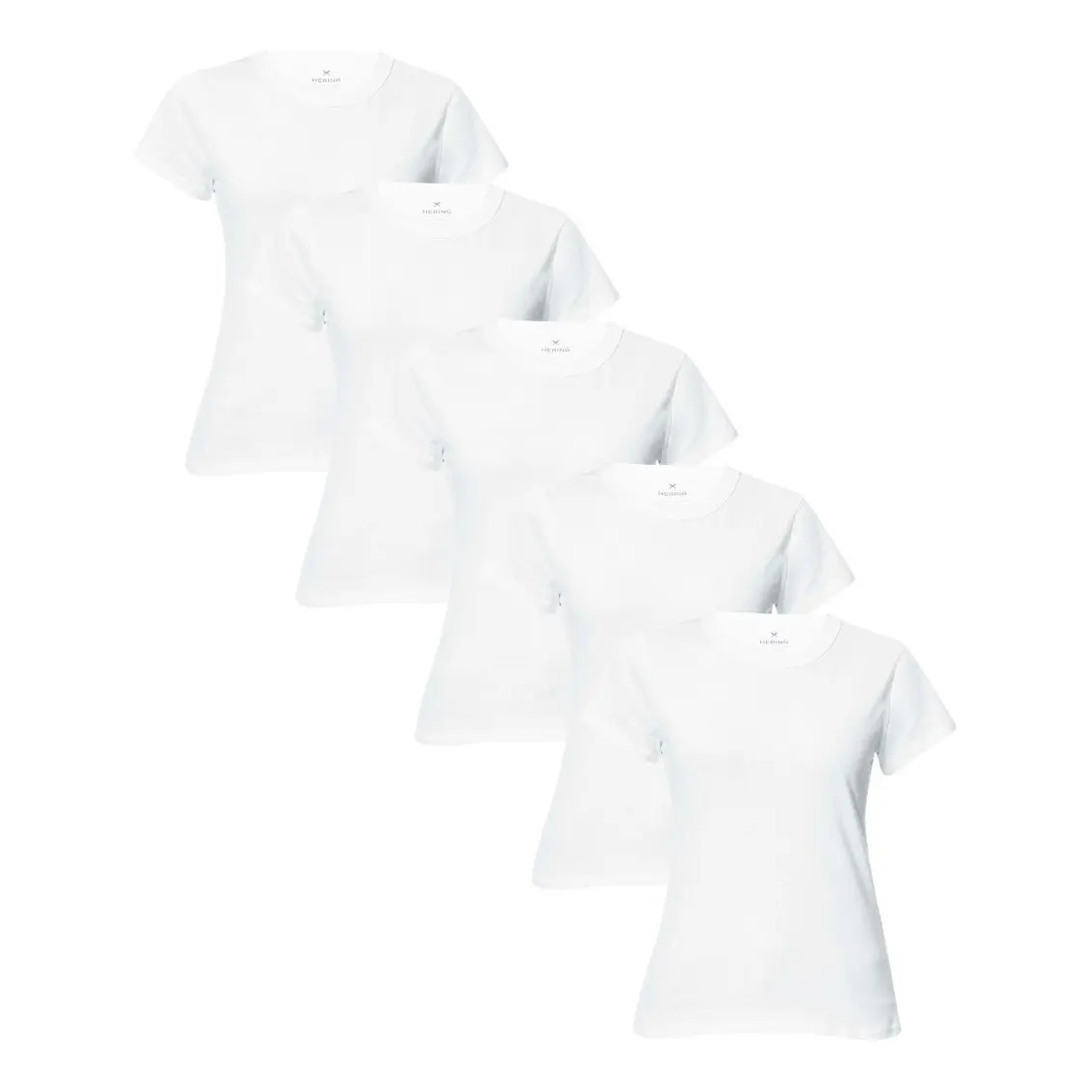 Cinco camisetas femininas brancas de manga curta da marca Hering dispostas em cascata sobre fundo branco