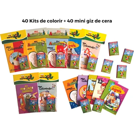 40 Kits De Colorir Atividades Variados + 40 Mini Giz De Cera