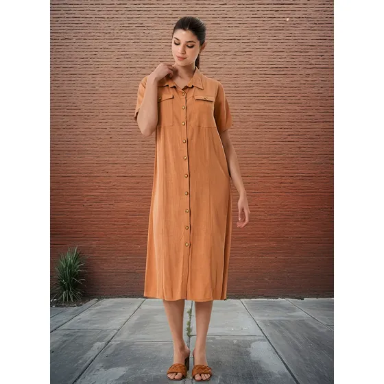 Vestido Camisero Lino Pesado Manga Corta