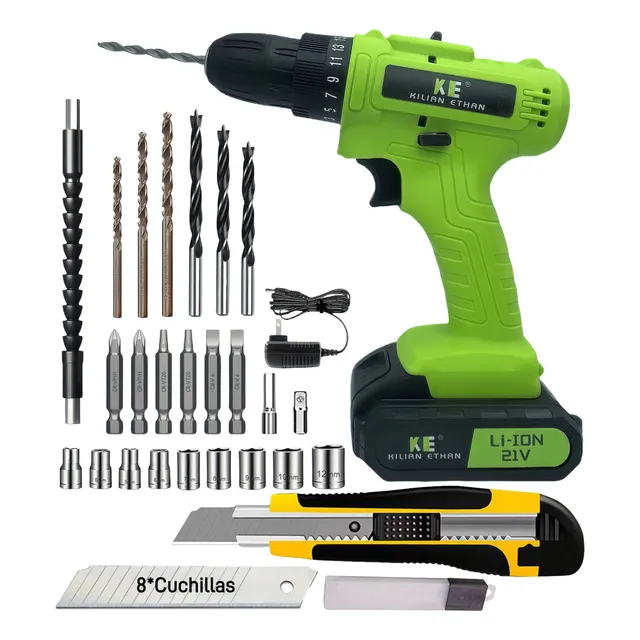 Taladro Inalámbrico Kilian Ethan KE654 + 1 Batería 2Ah | Destornillador Atornillador Recargable Eléctrico con Brocas, Puntas, Llaves, Cuchillo Multiusos y Accesorios DIY | Herramientas para Casa