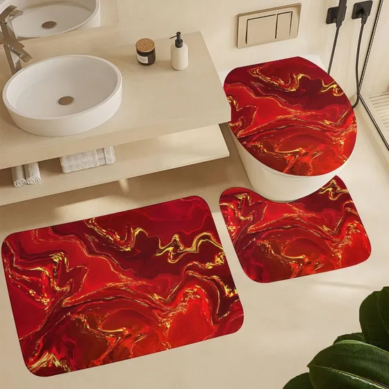 Alfombra Baño Lujo Diseño Marmol Rojo Dorado Para 3
