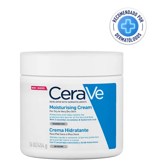 CeraVe Crema Hidratante Piel Seca a muy Seca | Piel Hidratada hasta por 48 Horas | Con 3 Ceramidas Esenciales | Contiene Ácido Hialurónico | Desarrollada con Dermatólogos | 454ml | 16oz