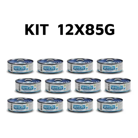 Kit c/12x85g latas vetlife feline hypoallergenic pork potato