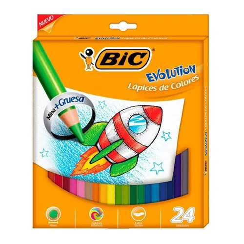 Caja X 24 Lapices De Colores Bic Evolution Mina 4 Mm Gruesa Colegial Escolar Dibujo Primaria