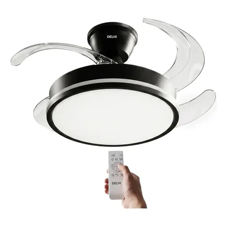 Ventilador de techo retráctil 4 aspas, luz fría/cálida, 6 velocidades, estructura negra (sin marca)