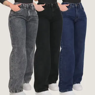 Kit 3 Calça Jeans Wide Leg Pantalona Cintura Alta Jeans