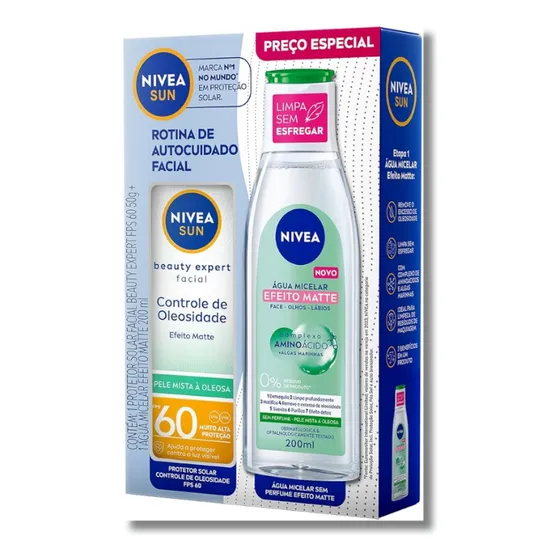 Kit Protetor Solar Facial Beauty Expert Com Controle de Oleosidade FPS 60 50G + Água Micelar Efeito Matte 200ML Nivea