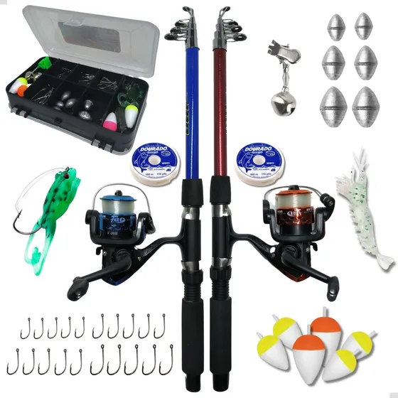 Kit Pesca Duplo 2 Vara + 2 Molinete E Acessorio Barato Promo