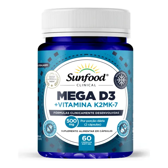 Mega D3 + K2 Mk7 60 Sofgels Sunfood Clinical Sabor Neutro