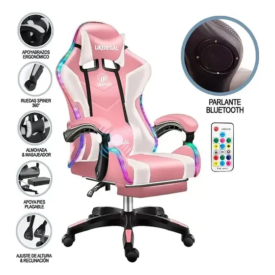 Silla Gamer 2RL Rgb Rosa Blanco Reclinable Con Masajeador Y Parlante Bluetooth