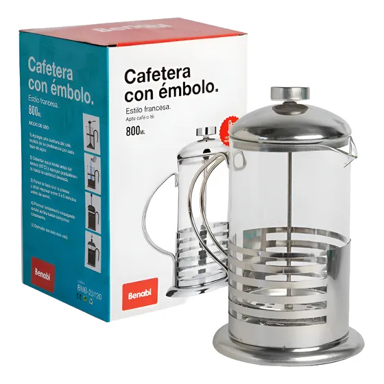 Cafetera Manual Prensa Francesa 1 Litro Vidrio Embolo Acero Granos De Cafe
