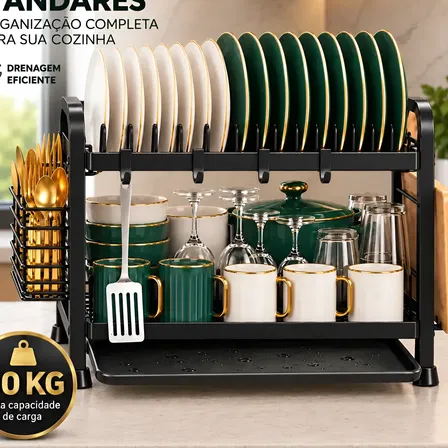 Escorredor De Louça 2 Andares Aço Carbono Talheres Pratos Preto