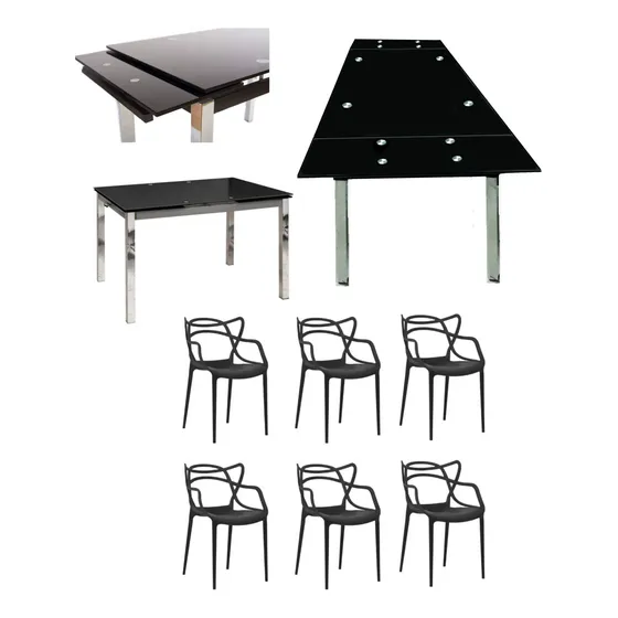 Mesa Vidrio 10mm Extensible Negra  1.10 A 1.70mts C/6 Sillas
