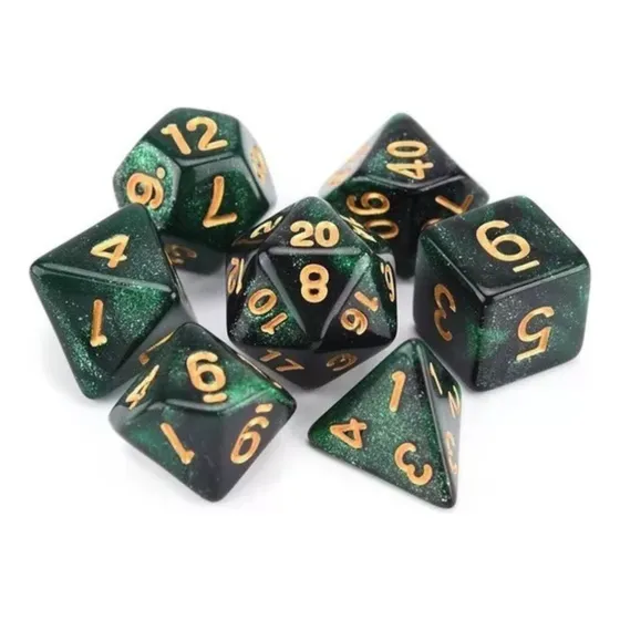 Dados Rpg - Nebulosa Glitter Verde Com Preto C/n° Dourado