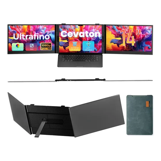 Monitor portátil de tela tripla Cevaton S8 Pro 14`` 1 Kg Ultraligera, Full Hd 1920 X 1080, suporte dobrável, tipo C/HDMI/USB-A, compatível com Windows/Mac/Android, adequado para portáteis de 13,3 A...