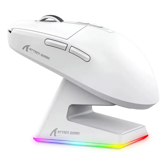 Ratón de juego inalámbrico ligero Attack Shark X6 Blanco con base de carga retroiluminada rgb 26k dpi sensor óptico paw3395 interruptor huano 5 botones programables PC/MAC