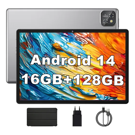 Tablet Acrensly Android 14 | 16GB Ram 128GB ROM Suporta 1TB TF 13MP + Selfie 5MP Câmeras Duplas Cinza Tela 10.1 HD Octa-core até 1.8GHz 6000mAh WiFi 5G 2.4/5GHz TYPE-C 2.0 Autonomia 4-5h