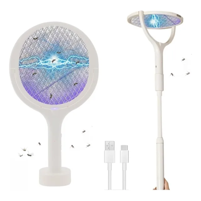 Raqueta Eléctrica Mata Moscas Y Mosquitos Recargable Luz Led Color Blanco