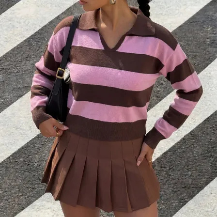 Blusa Tricô Modal Feminina Listrada Manga Longa Gola Polo Rosa/marrom Listrado Único