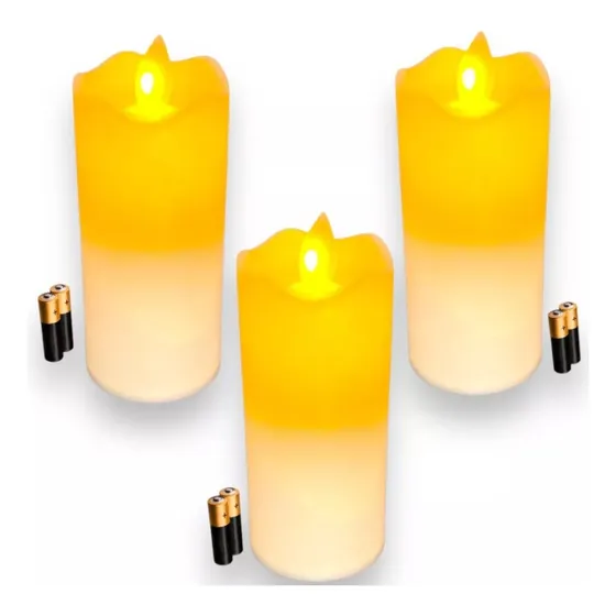 Kit 3 Velas De Led Eletrônica Chama Viva + 6 Pilhas Aa