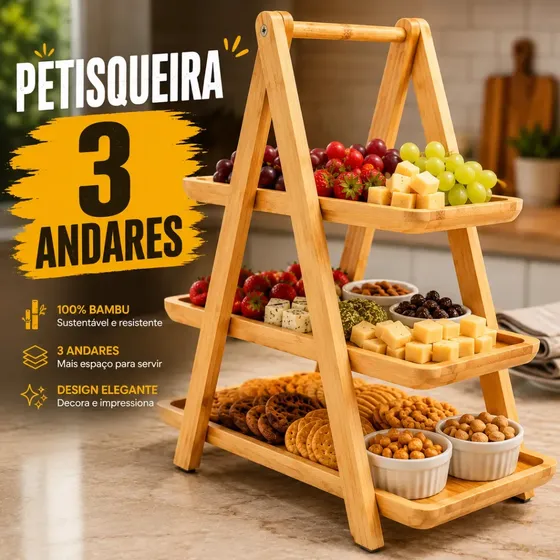 Petisqueira de Bambu 3 Andares Tabua Bandeja com Divisorias para Frios e Queijos Aperitivo Madeira