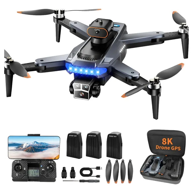Dron 8k Con Dual Cámaras Hd Profesional Mini Dron GPS Control Remoto 3 Baterías 5Ghz Negro