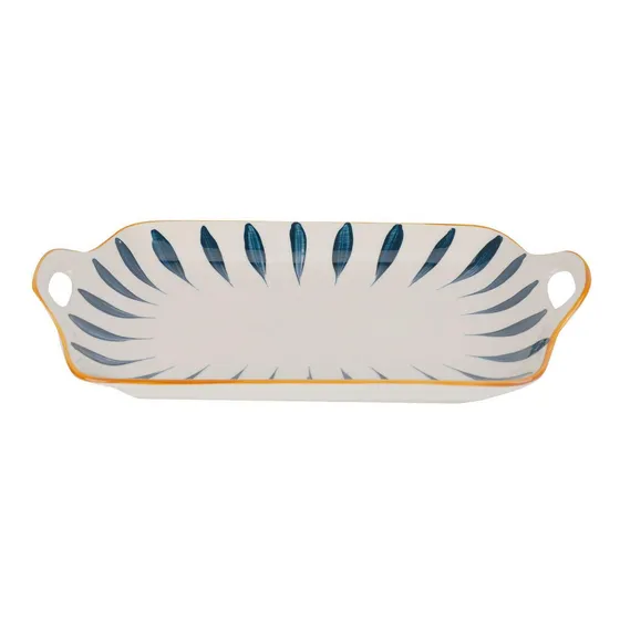 Plato Loza Rectangular Blanco Rayas Azules 23x16.5cm