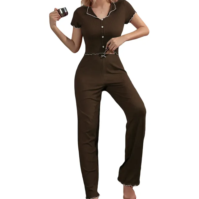 Conjunto Pijama De Manga Corta Lisa Con Solapas Y Pantalones