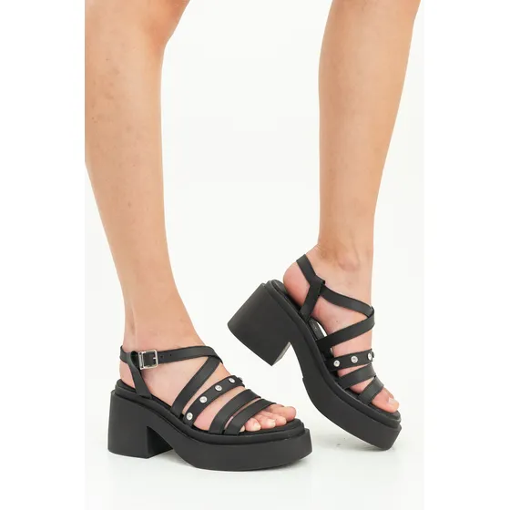 Sandalia Mujer Cuero Citadina Brillos Ajustable Taco Larisa