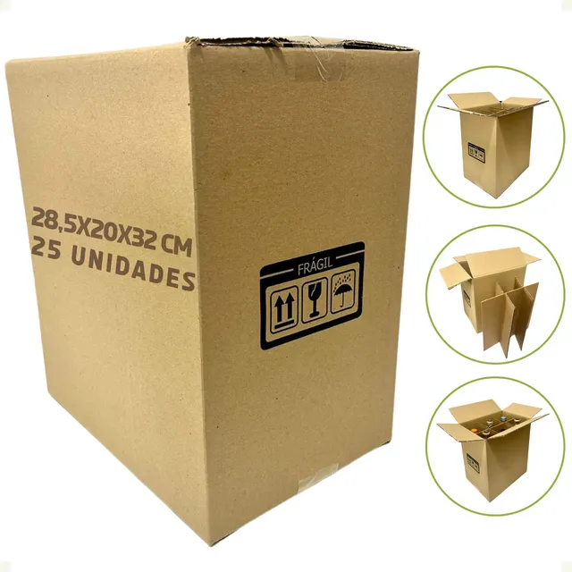 25 Caixas De Papelão C28,5xl20xa32 C/ Divisória 6 Garrafas
