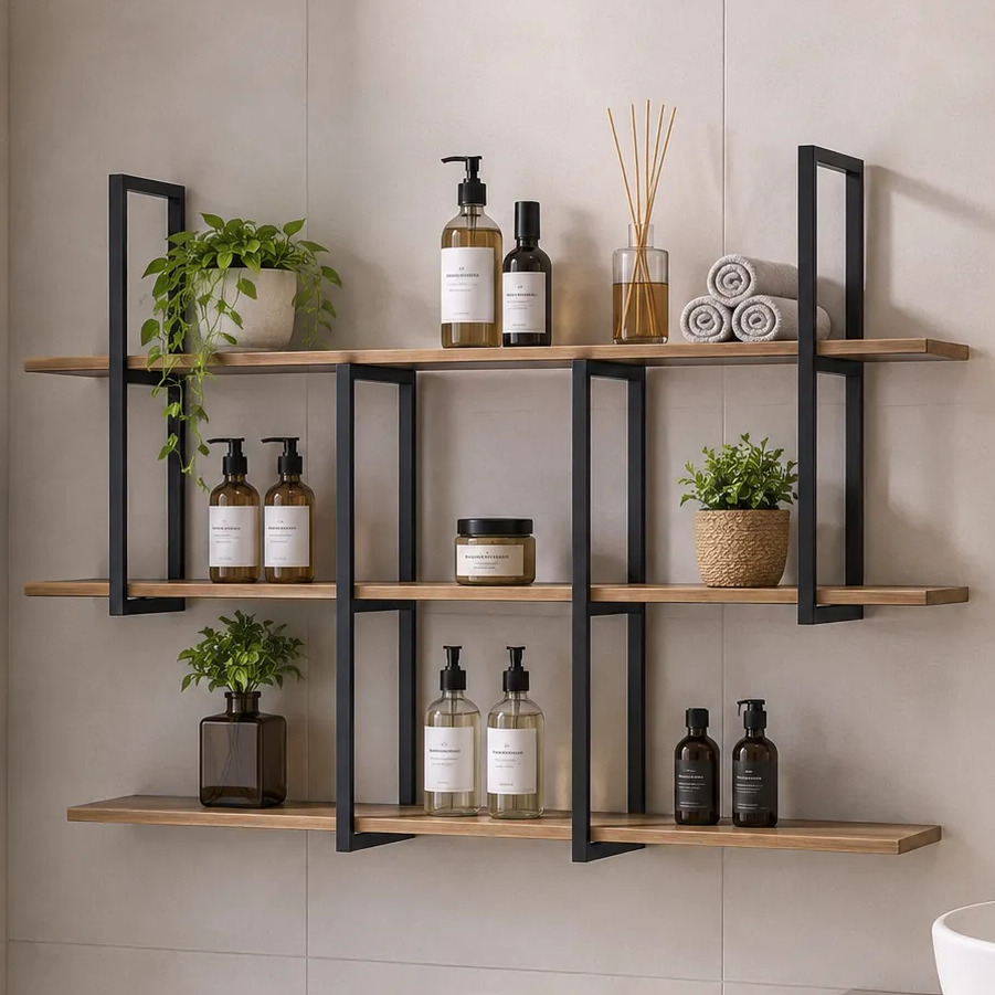 Estante organizadora de parede estilo industrial com três prateleiras de madeira cor mel e estrutura de metal preto, decorada com frascos de produtos de higiene, toalhas enroladas e plantas em um banheiro com azulejos claros.