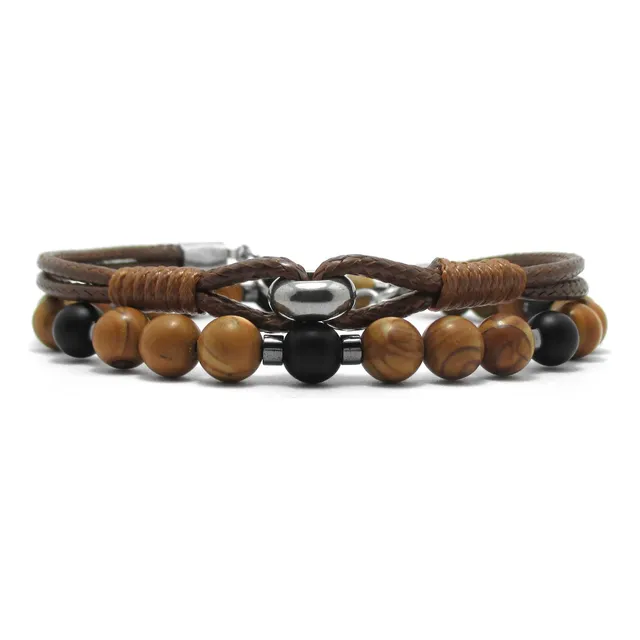 Pack Pulseras - Jaspe De Madera 6mm Y Cordón Sintético - 19 Cm