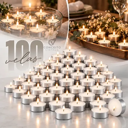 Kit 100 Vela Rechaud Flutuante Com Aluminio Decoração Casamento Festa Cor Branco Marca Conceito Vintage