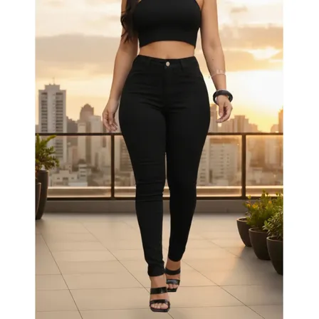 Calça Jeans Preta Feminina Cintura Alta Empina Bumbum Lycra