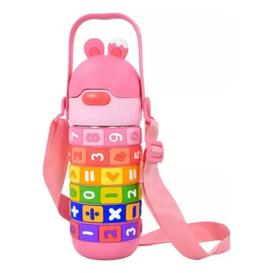 Garrafa Educativa 430ml Térmica Tabuada Inox Escolar Passeio Rosa