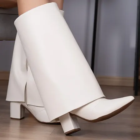Bota Feminina Capa Cano Alto Salto Alto Bloco Bico Fino