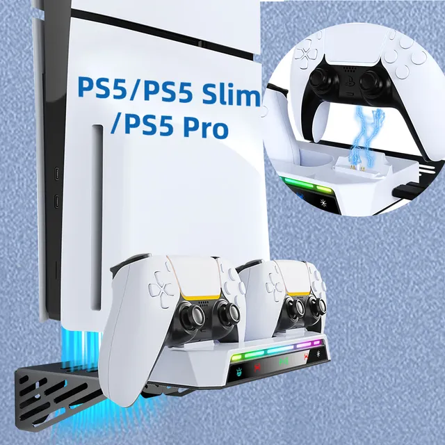 Cddgl Base Cargador Para Compatible Ps5/slim/pro Controles Soporte,Base de Carga para Playstation 5 con Soporte para Auriculares con Barra de Luz RGB