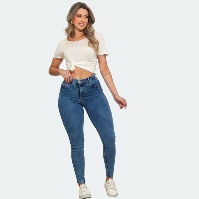 Calça Jeans Feminina Cintura Alta Elastano Skinny Premium