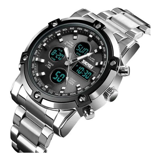 Reloj Pulsera Skmei 1389 Con Correa De Acero Inoxidable Color Plateado - Fondo Negro - Bisel Negro/plateado