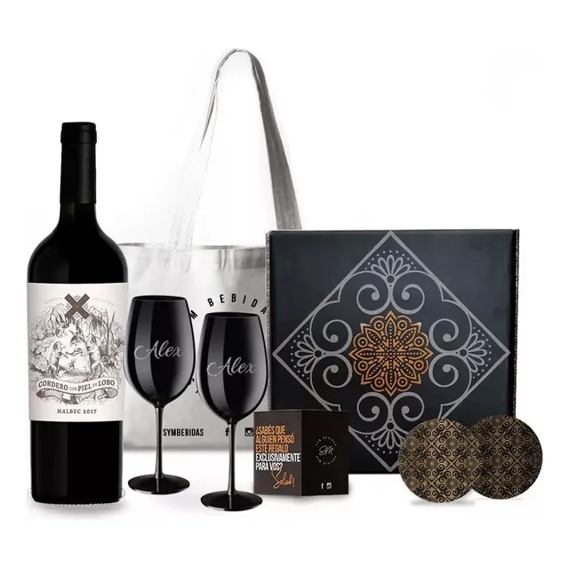 Box Vino Cordero Con Piel De Lobo 2 Copas Negras Grabadas