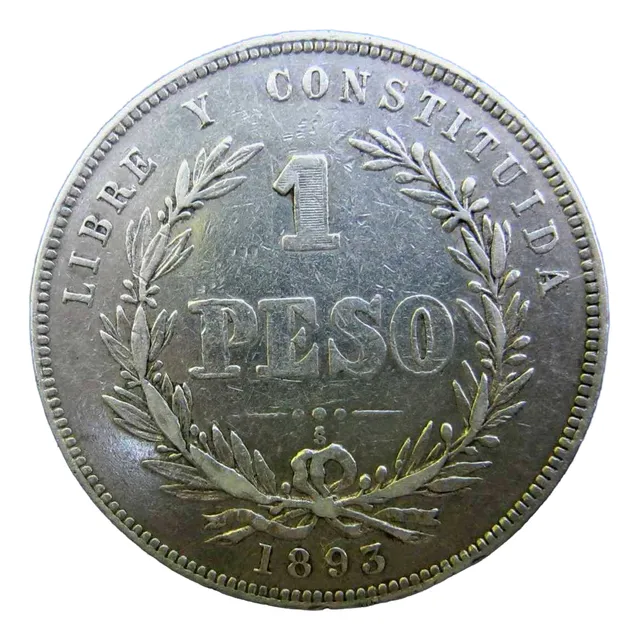 Antiguo 1 Peso Grande De Plata 1893 Santiago Muy Buen Estado