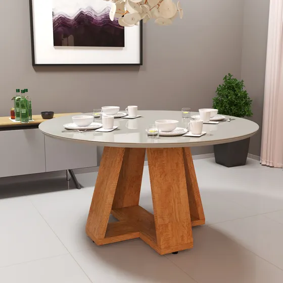 Mesa De Jantar Redonda Base Pérola 4 Lugares Vidro Temperado