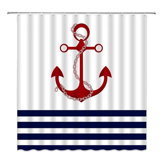 Cortina Ducha Ancla Roja Azul Marino Blanco Raya Nautica